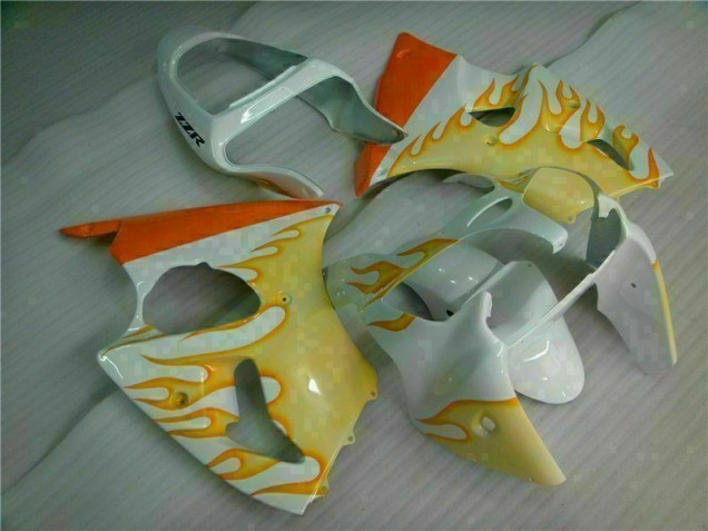 Loja Carenagem Moto Kawasaki ZX6R 00-02 - Branco Amarelo Chama Loja Carenagem Moto Kawasaki ZX6R 00-02 - Branco Amarelo Chama